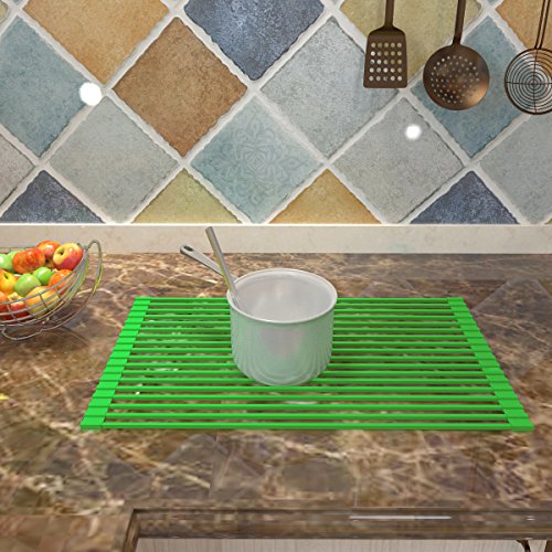 ISINO Multipurpose Countertop Draining Rack , Handy Drain Board Mat Dish Scrubber , Green - Thumbnail 4