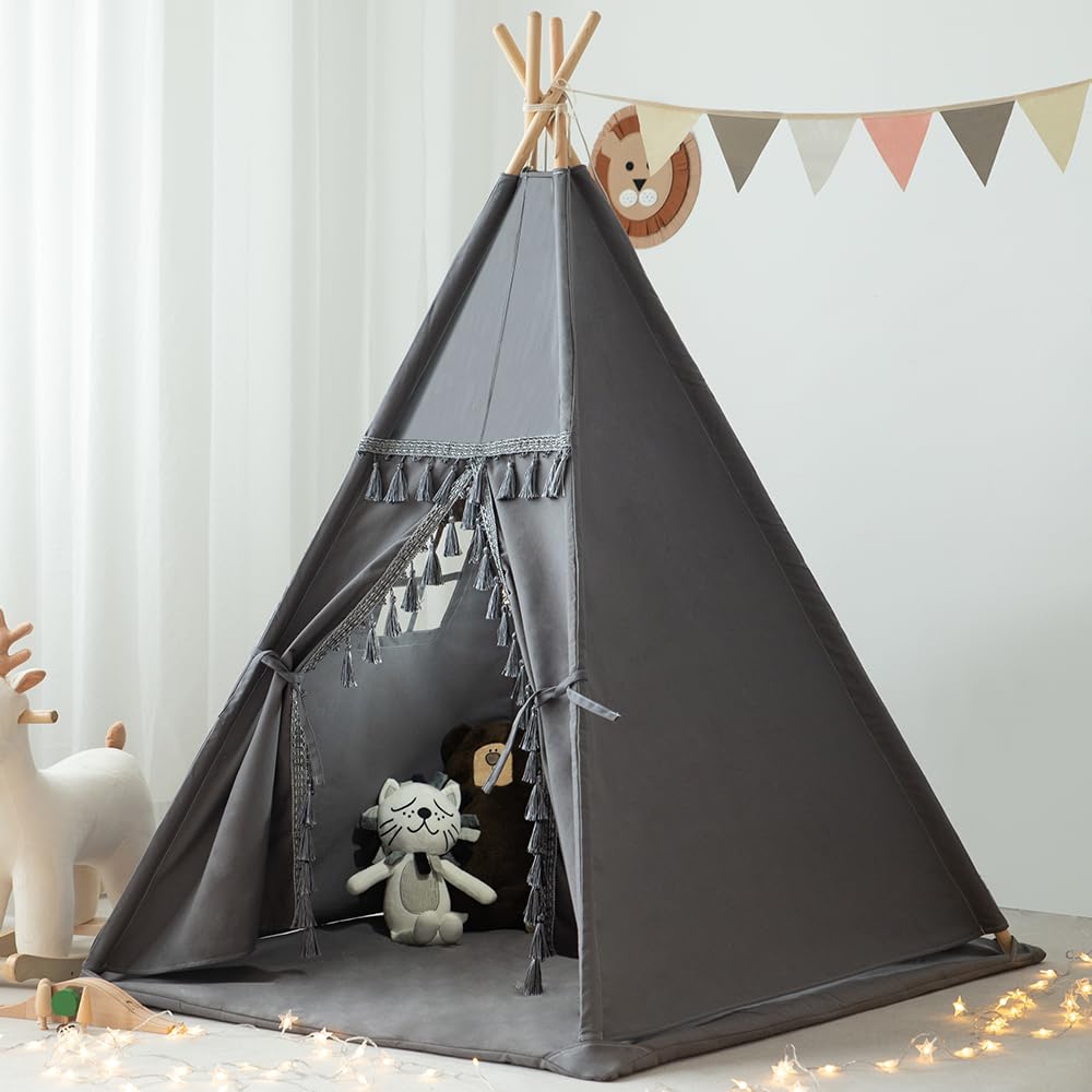 Photo 1 of xiaowantong Kids Teepee Tent with Padded Mat, Lights, and Carry Bag,Natural Cotton Canvas Washable Playhouse for Indoor Use,Ideal Play Tent for Girls and Boys