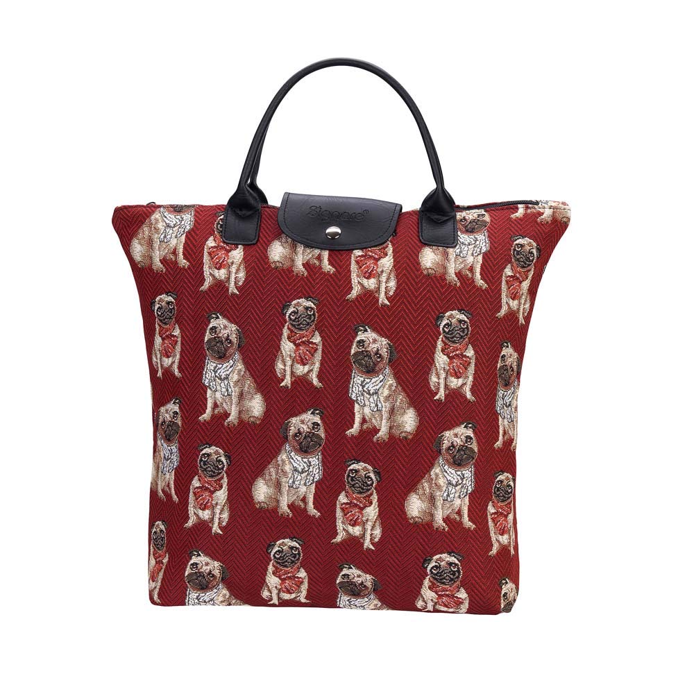 Signare Tapestry Foldable Tote Bag Reusable Shopping Bag Grocery Bag with Animal and Pet Design Pug Gifts for Pug Lovers(Pug, FDAW-PUG)