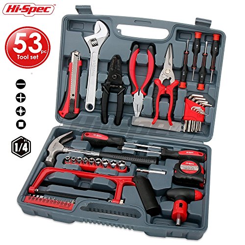 Hi-Spec 53pc Household & Garage Tool Kit with Claw Hammer, Hack Saw, Sockets, Adjustable Spanner, Utility Knife, Wire Strippers, Pliers, Tin Snips, Hex Keys, Screw Bits & more - in Heavy Duty Case