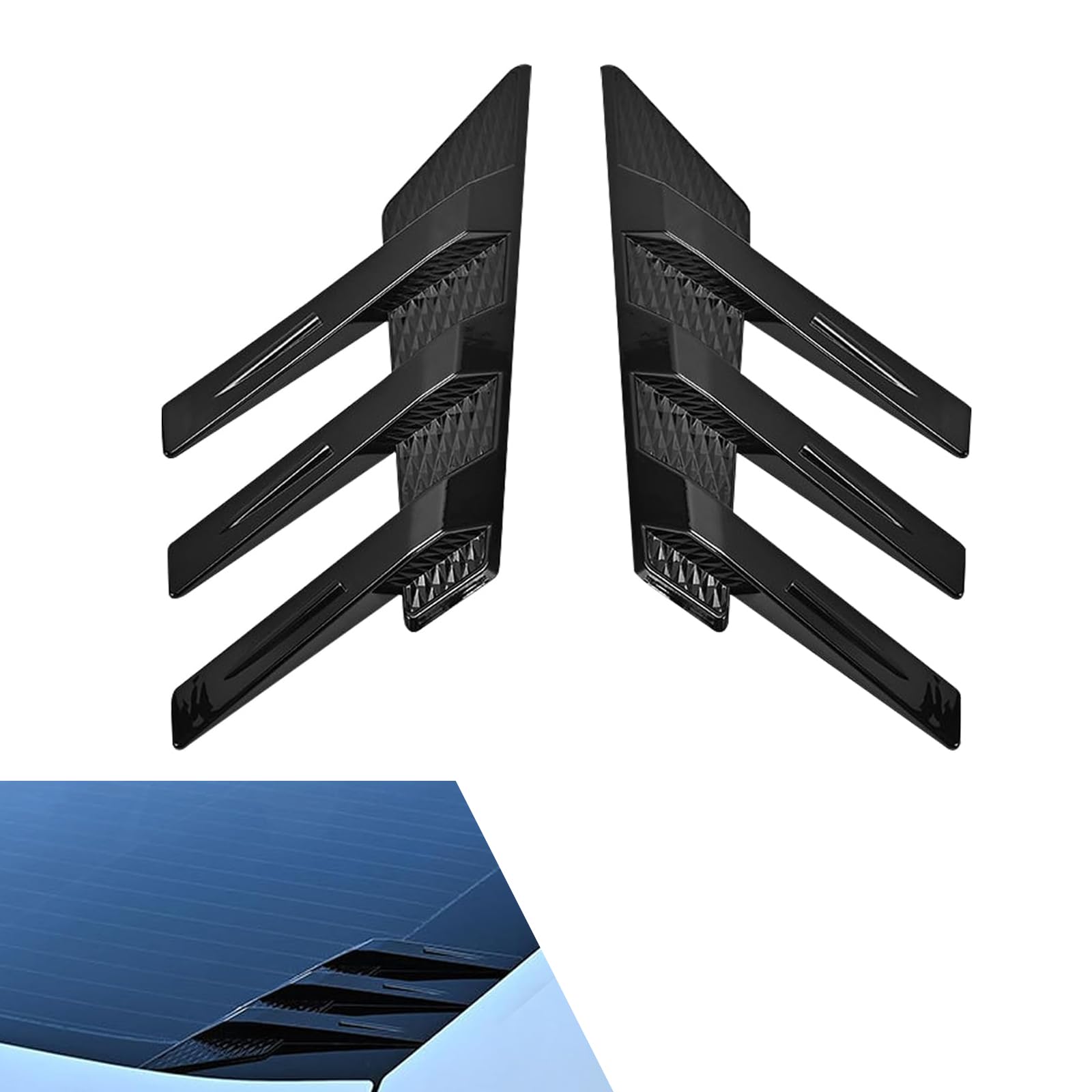 Photo 1 of Hugwits 2 PCS Car Rear Windshield Sticker Decoration Accessory, 3D Glossy Black Rear Wing Side Spoiler Splitter Trim, Louver Window Sunshade Windshield Decor, Universal for Most Cars