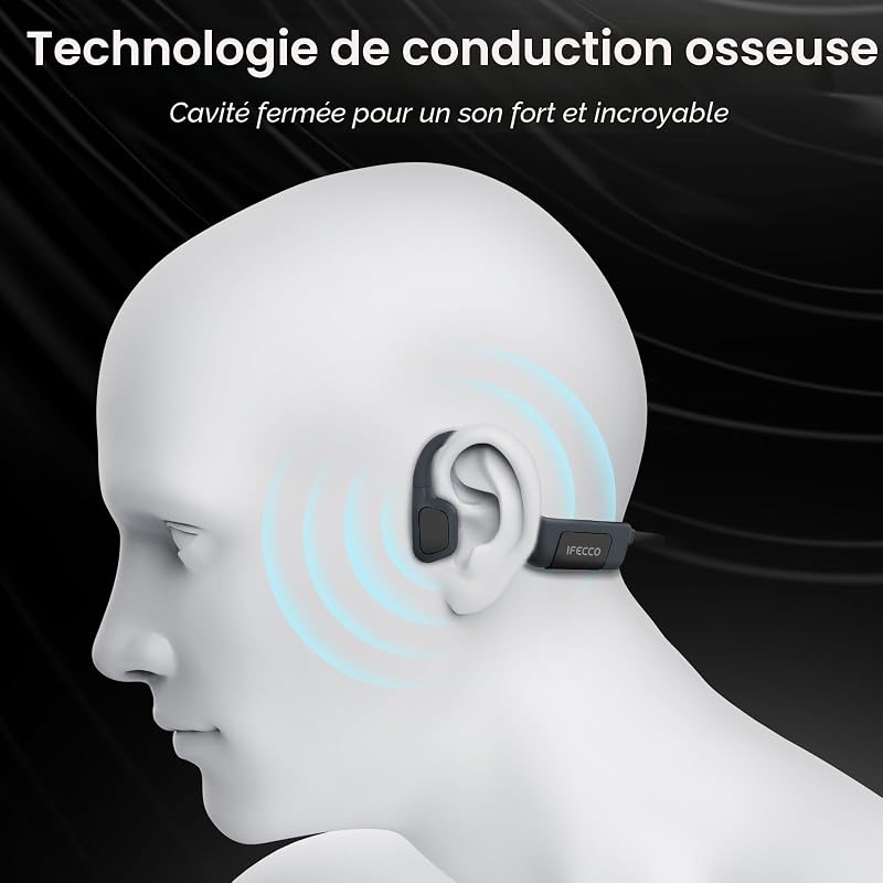 IFECCO Casque Conduction Osseuse Natation, IP68 Étanche (Noir)