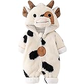Lizxun Baby Girls Boys Plush Jumpsuit Halloween Cosplay Costume Long Sleeve Cartoon Cow Print Zipper Hooded Romper Clothes