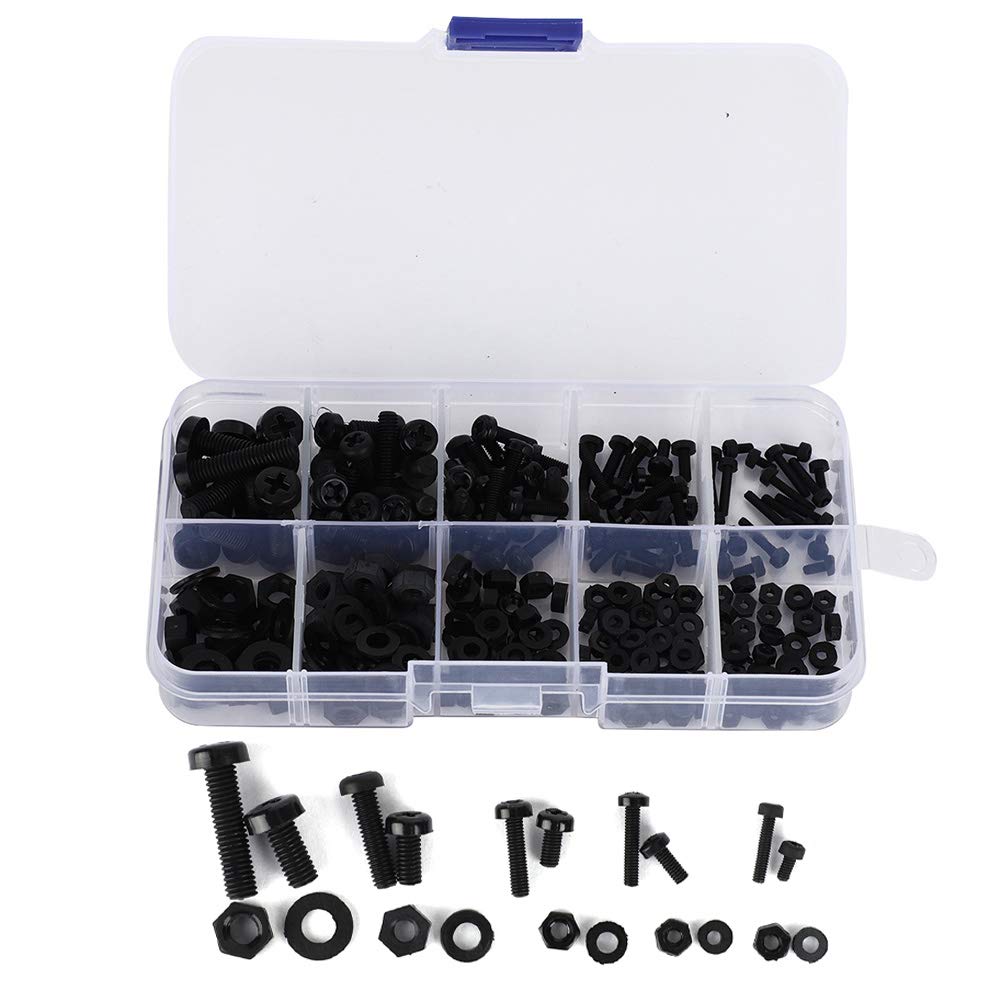 270pcs Nylon Plastic Screws Bolts and Nuts and Gaskets Sets, Hexagon Pan Head screws, M2/M2.5/M3/M4/M5 Hex Socket Head Cap Screws Bolts and Nuts and Washers Assortment Kit (Black)
