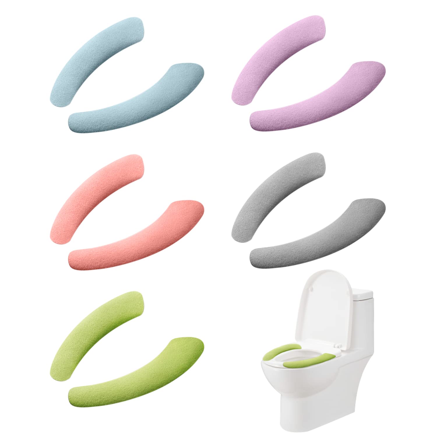 NINVVS 5 Pairs of Toilet Seat Cushions, Cover Pads, Cushion Stickers, Stick-on Gaskets, Household Washable and Reusable Covers, Colors, Blue, Green, Pink, Purple, Gray, 38x9cm
