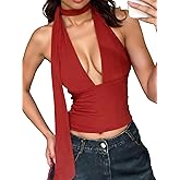 SOLY HUX Sexy Tops for Women Going Out Halter Scarf Crop Top Deep V Sleeveless Backless Vest Party Clubwear