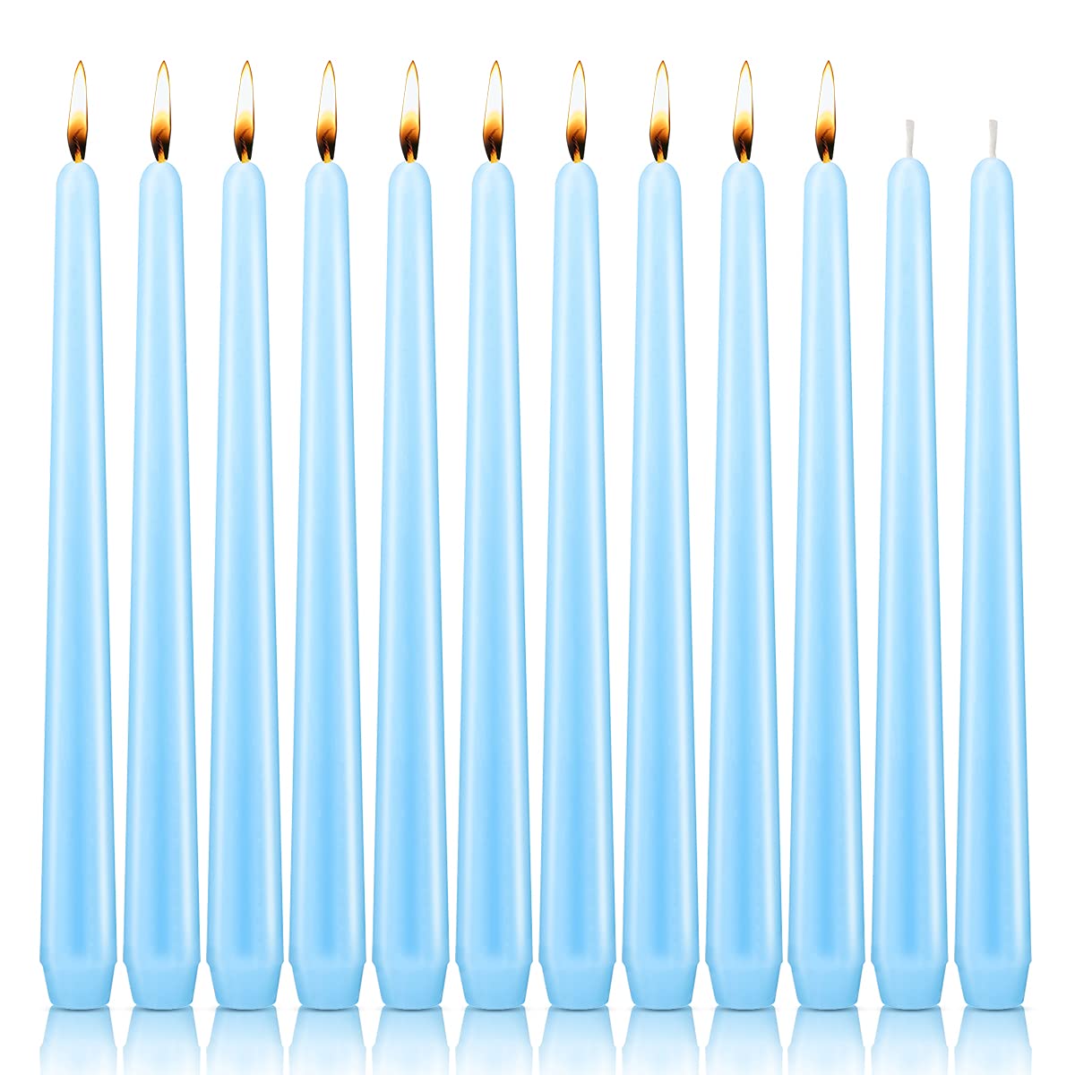 Photo 1 of NIKY 10 inch Taper Candles, Set of 12 Unscented Dripless Candlesticks - 8 Hours Long Burning for Home Decoration, Wedding, Parties and Special Occasion (Light Blue)