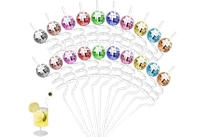 20 Pcs Disco Ball Straws, BetterJonny Colorful Mirror Ball Party Straw Disco Party Decorations Bachelorette Plastic Straws, R