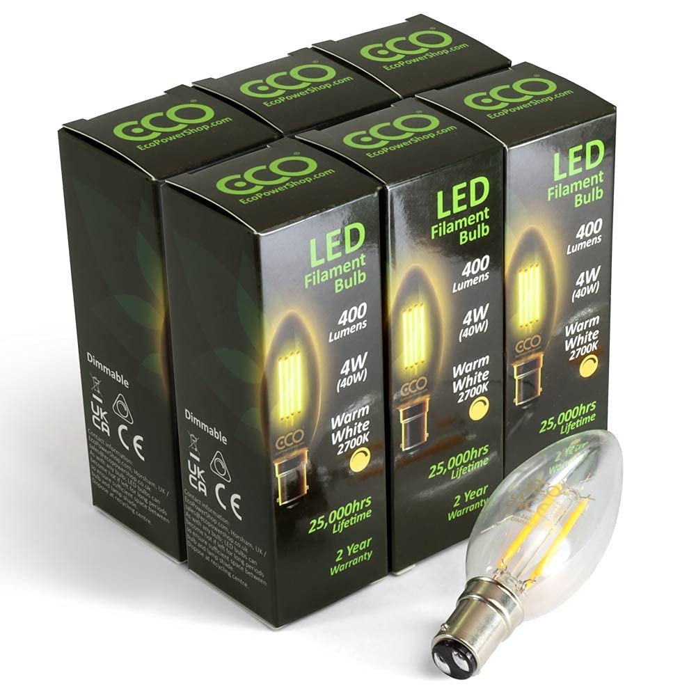 ECO 40W Dimmable Energy Saving Candle Light Bulb, Low Power 4W Vintage Style LED Filaments, 400 Lumen, Clear Glass, Warm White (2700K), B15 Small Bayonet Fitting, 25000Hrs Lifetime. (6xPACK)