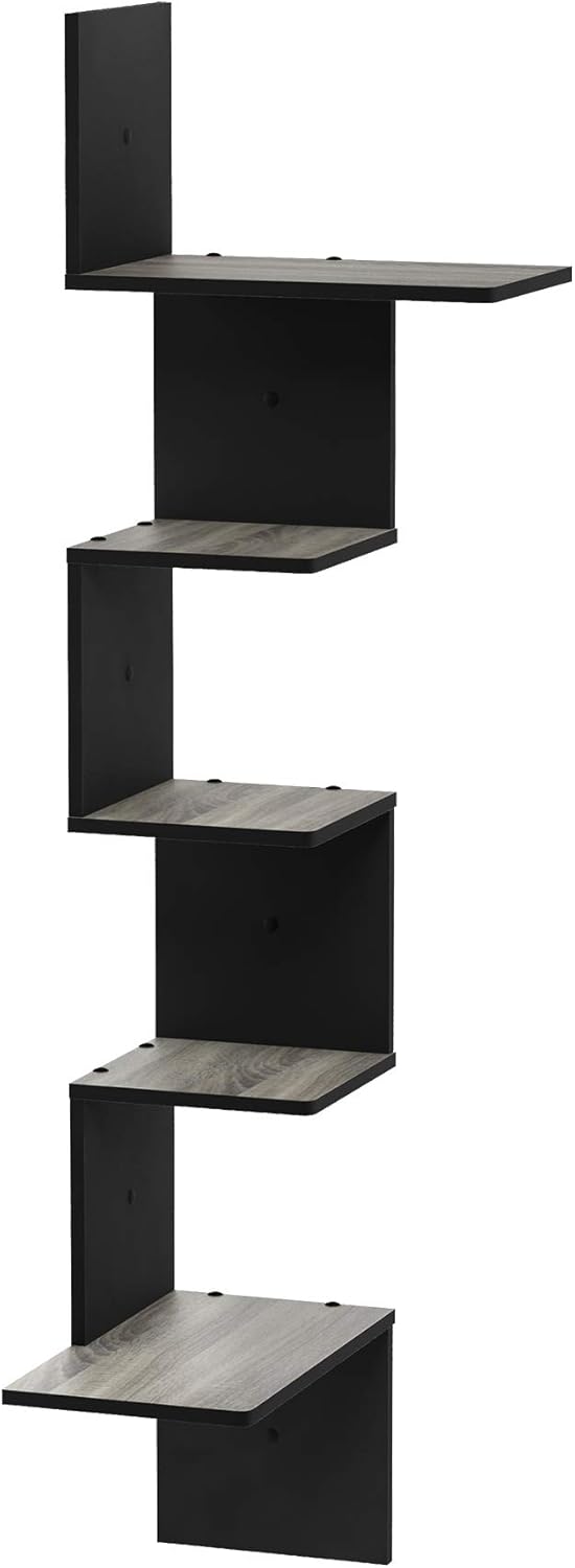 Furinno Rossi Wall Mounted Shelves, 5-Tier Rectangle, French Oak Grey/Black: Furniture & Decor