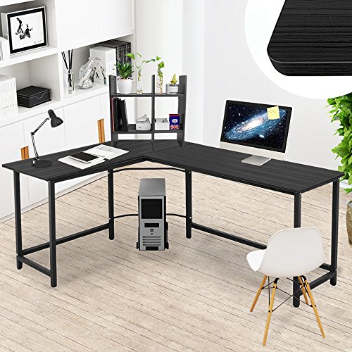 Corner Desk,Pexfix L-Shaped Wood Metal Corner Computer Desk PC Laptop Study Table with Bookshelf for Office or Home Use,Black - Thumbnail 7