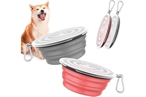 Pawaboo Collapsible Dog Bowls 2 Pack, Silicone Feeding Watering Bowls with Lids & Carabiners for Dogs Cats, Portable Water Feeder Food Bowl for Walking Traveling Home Use, 1000ml, Light Pink + Grey