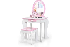 AKUSTIK OLAKIDS Kids Vanity, 2 in 1 White Princess Wooden Table and Chair Set for Toddlers with Detachable Unicorn Mirror, Stool, Storage Drawer, Pretend Beauty Make Up Dressing Play Set for Girls Age 4-9