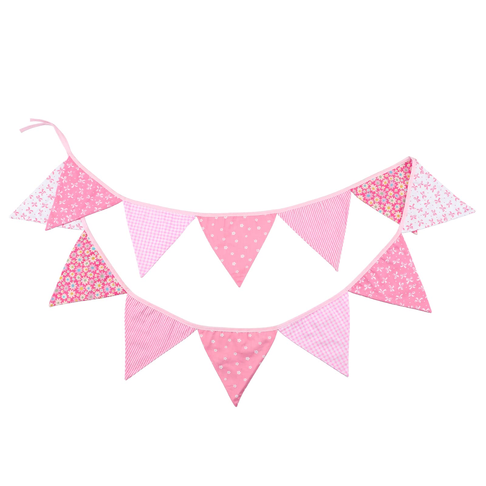 G2PLUS Double Sided Fabric Bunting Banner, Two Layer Triangle Floral Bunting, 3.3M with 12PCS Pink Floral Pennants, Cotton Shabby Chic Garland for Bedroom Brithday Tea Party Decorations