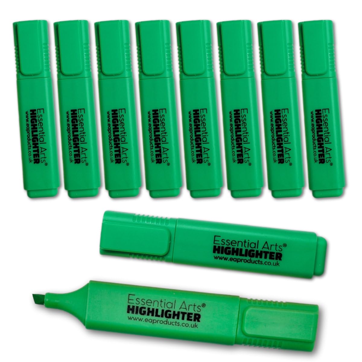 Essential Arts Square Green Highlighter Pen Pack of 10 | Chisel Tip Fluorescent Highlight Marker Pens for Office, School Art and Business