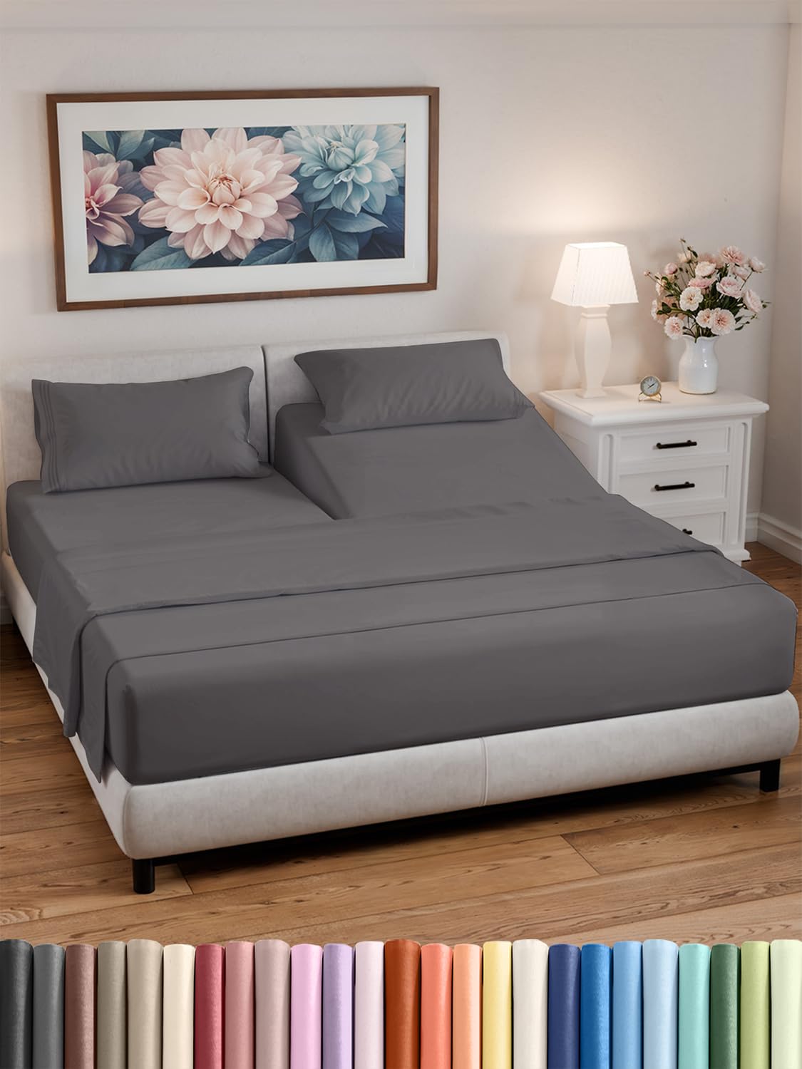 Photo 1 of ***MISSING PARTS*** Split California King Bed Sheet Set - 5 Piece Split California King Size Sheets – Ultra-Soft & Wrinkle Free - Fits 8” to 16" Mattress w/ Deep Pockets - Breathable & Cooling Luxury Bedding – Dark Grey