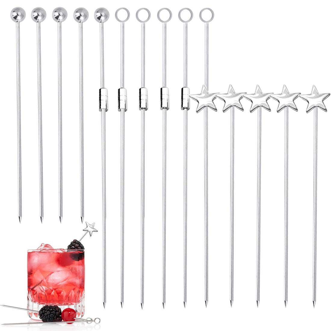 Polly Online 20pcs Cocktail Sticks Set Stainless Steel Fruit Sticks,Reusable Drink Picks Appetizer Toothpicks Martini Glass Picks,4 Styles Silver