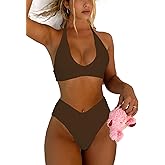 Syshrendy Women's Sexy High Leg Triangle Halter Bikini Set Padded Cup Bikini Cheeky Swimsuit V Cut Thong Bathing Suit