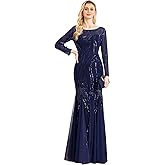 Long Sleeve Sequin Evening Dress Glitter Mermaid Long Gown for Mother of The Bride Or Wedding Guest