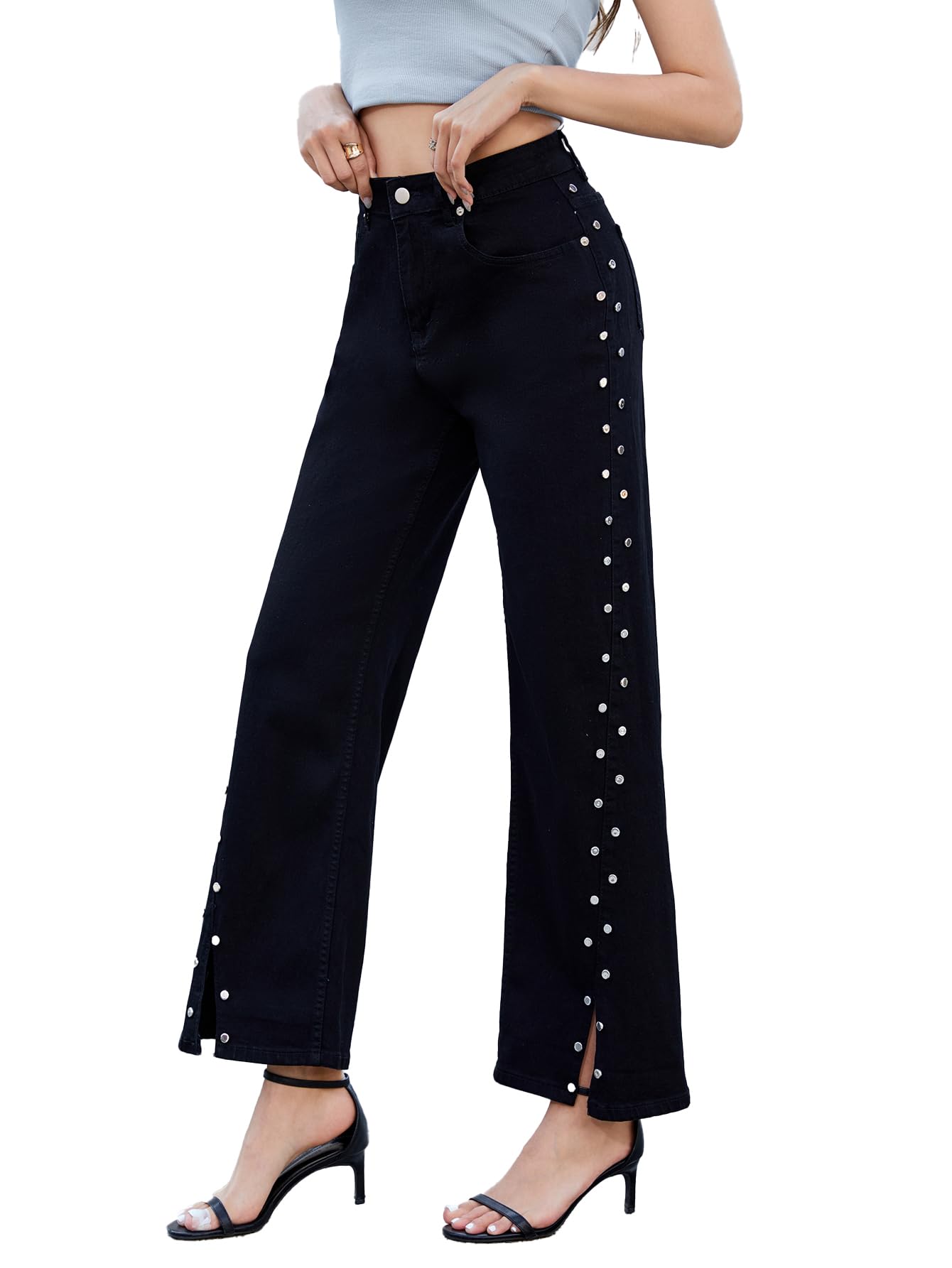 Photo 1 of Ladyful Women's Straight Leg Jeans Stud High Waist Casual Stretch Denim Pants Embellished Split Jeans Black size M