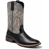 JYTDUN Men's Cowboy Boots Square Toe, Western Pull-On Boots with Antler &amp; Feather Embroidery, Vintage Faux Leather Two-Tone Mid Calf Boots