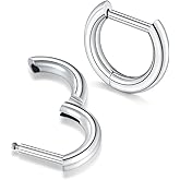 Oveta Titanium 16G D Shaped Nose Rings Hoops 8/10mm - Higned Segment Clicker Septum Rings Daith Conch Cartilage Piercing Jewelry for Women Men, Silver/Gold, 2PCS