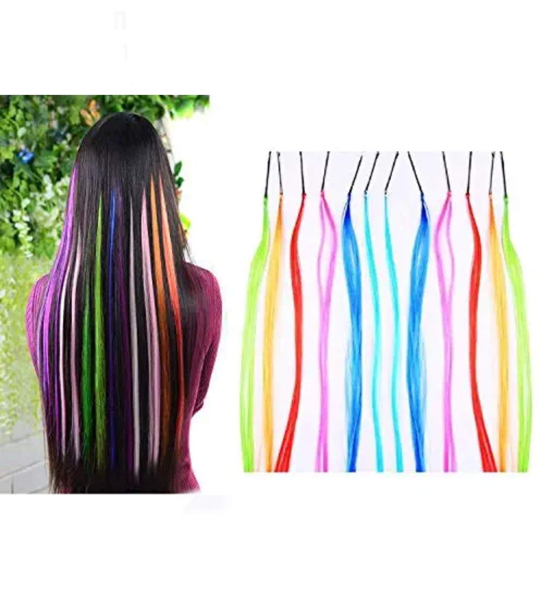 ALIZZ 12 Straight Multi Colored Hair Extensions Highlighter Streaks for Cosplay Theme Party Use for Kids Women and Girls, 66 g
