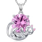 INURAN Cat Necklace 925 Sterling Silver Pendant With Birthstone Jewelry Gift for Women Cat Lovers