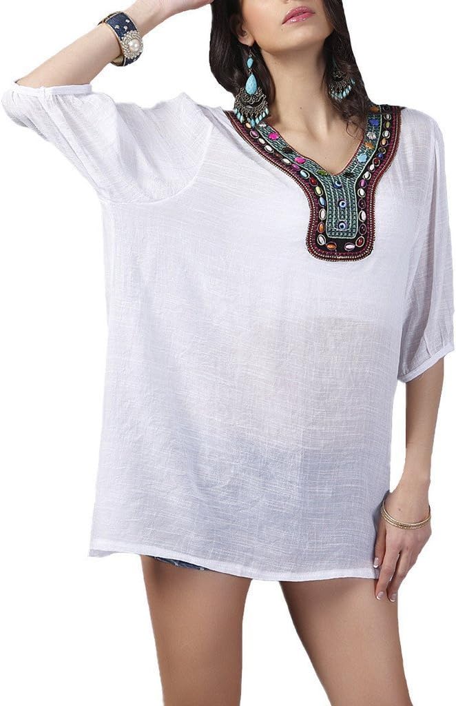 Kafeimali Women's Bohemian Embroidered Loose Tops Semi Sheer Shirt Mini Dress