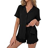 Ekouaer Pajamas Set for Women Button Down Pjs Lounge Sets Ruffle Short Sleeve Sleepwear Cute Loungewear
