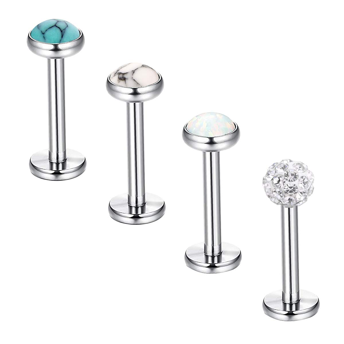 Briana Williams 4pcs Silver Lip Stud Labret Bars Set Stainless Steel with Opal Stone 16G Monroe Medusa Ear Piercing