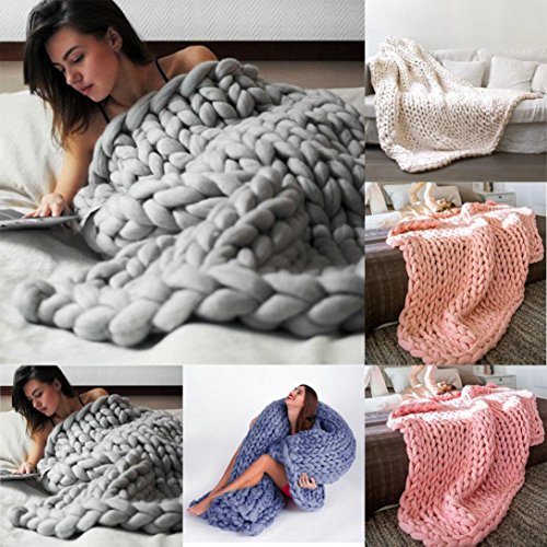 Clearance Yarn Blanket,80x100cm Hand Chunky Knitted Blanket Thick Wool Bulky Knit Throw for Sofa Bed (Gray) - Thumbnail 4