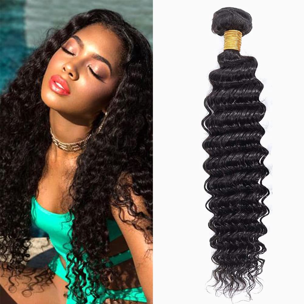 Brazilian Virgin Deep Wave Human Hair Bundles 100% Unprocessed Deep Curly Human Hair 1 Bundles Double Weft Human Hair Weave Natural Black Color (16 Inch/new) — image 1