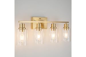 FILIMITIY 4-Lights Gold Bathroom Light Fixture, Brushed Brass Vanity Light with Clear Glass Shade, Modern Bath Wall Lights for Living Room, Hallway, Bedroom