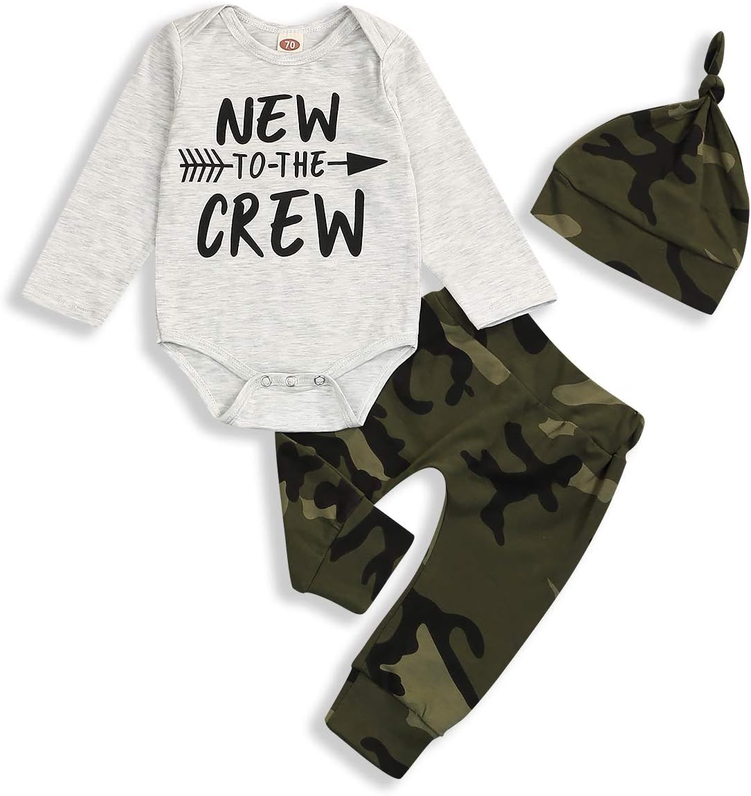 Newborn Baby Boy Girl Clothes New to The Crew Romper+Pants+Hat Outfits Set