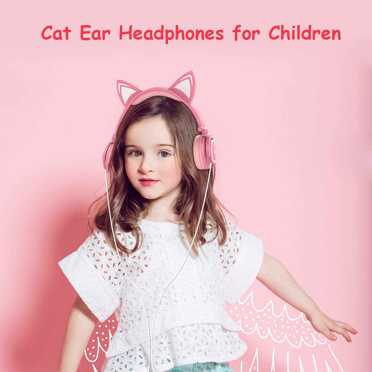 Kids Headphones,Isightguard Wired Headphones On Ear, Cat Ear Headphones with LED for Girsl, 3.5mm Audio Jack for Cell Phone,Pink