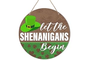 Muktoujaumai St. Patrick's Day Door Decor Sign, Saint Patrick's Day Decor Irish Shamrock Hanging Sign Lucky Decorations Clover Wall Sign for Front Door, Porch, Home, Office, Let The Shenanigans Begin