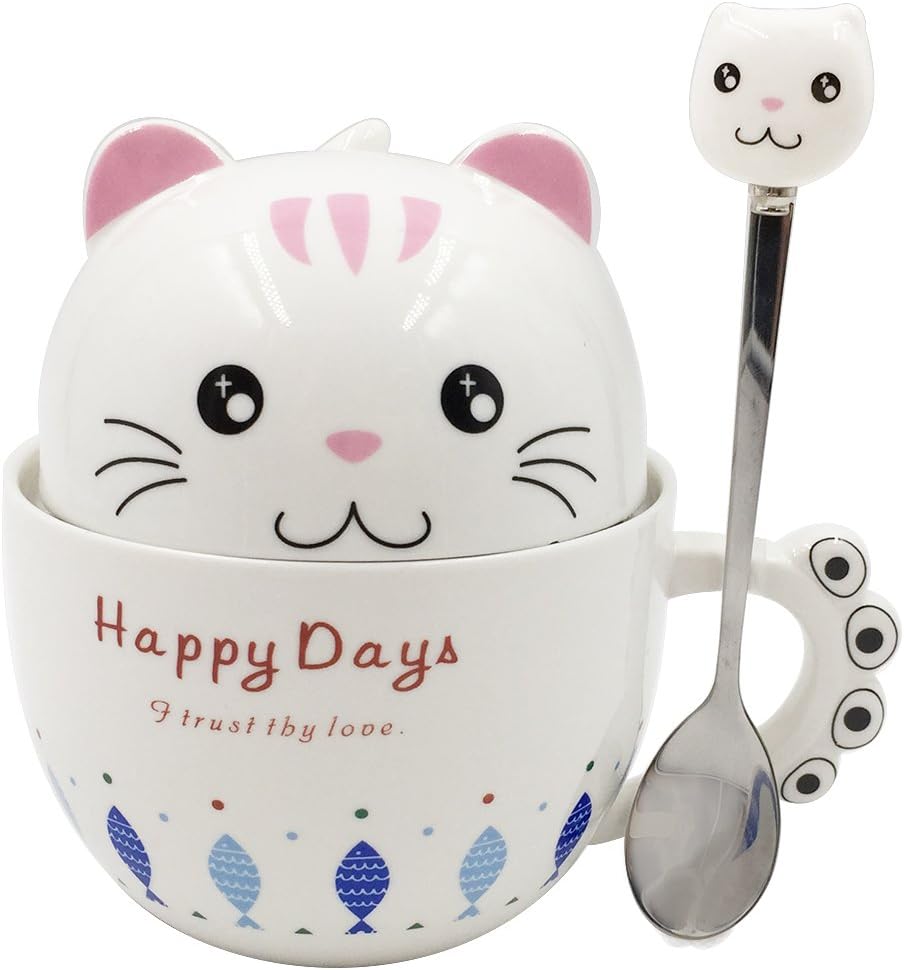 Notrefly Cute Cat Mug With Lid And Lovely Spoon And Claw Handle，Ceramic Funny Cat Face Coffee Mug, Perfect Cat Gift For Cat And Kitten Lovers And Ladies,Capacity 11oz