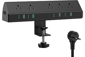 JGSTKCITY 45W Fast Charging Station,Desk Clamp Power Strip,4 PD USB-C Ports,5 AC Outlets,ETL Listed Surge Protector Power Strip, 14AWG Heavy Duty Cord, Fits 1.9" Tabletop Edge (Black, 6 FT Cable)