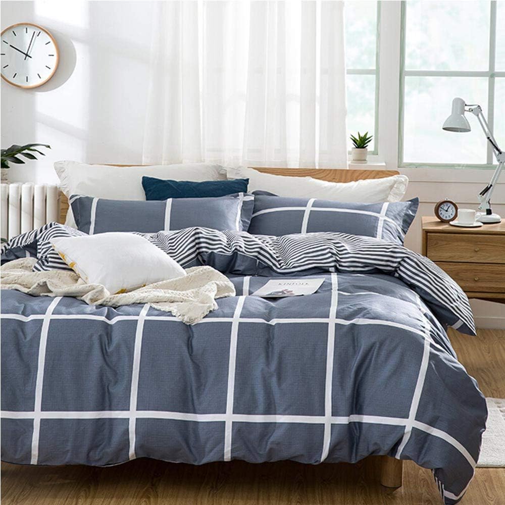 TIFFICO Duvet Cover Set Queen Size - 3 Pieces Grid Geometric Striped Microfiber Soft Lightweight Down Duvet Comforter Quilt Bedding Covers with Zip Ties - 90x90 inch for Young Women Men, Navy Blue