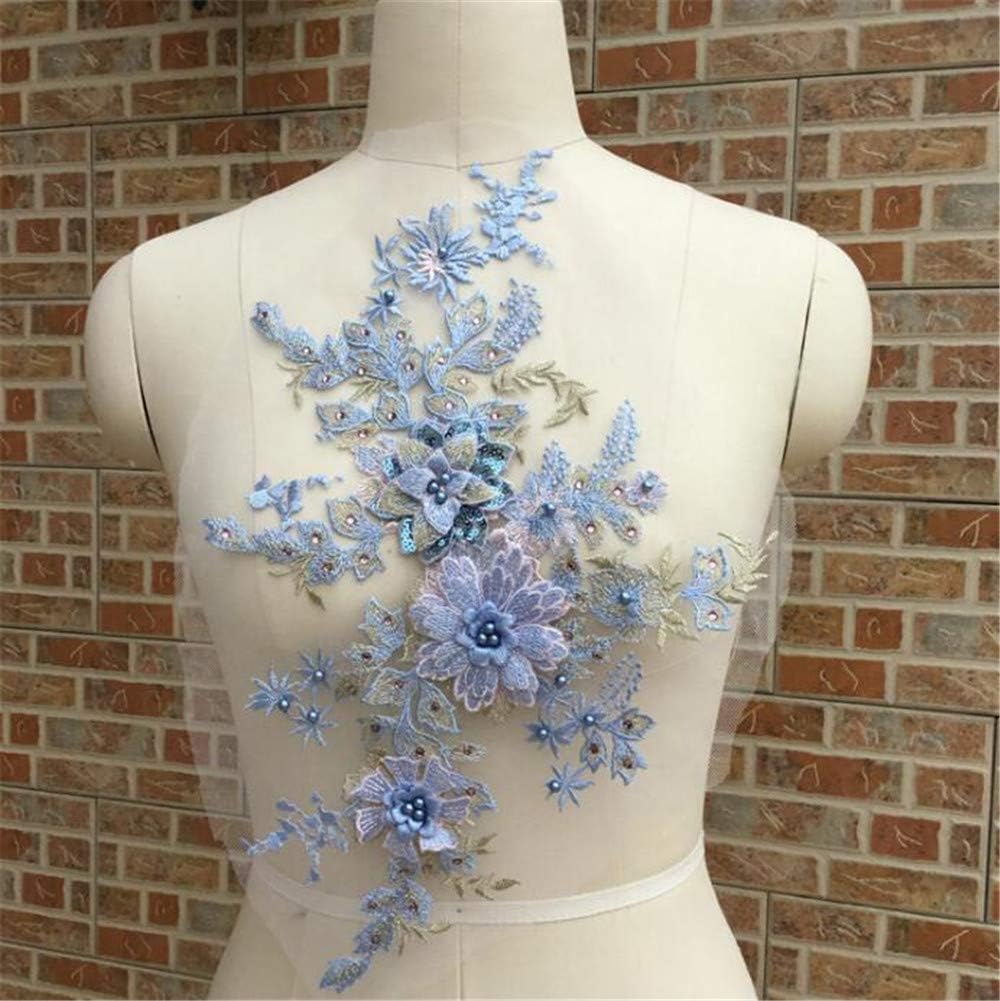 Hava Kolari 3D Embroidery Three-Dimensional Pearl Flower Sequin Motif Rhinestone Tulle Trimming Fabric Application Wedding Dress Neckline DIY Sewing Embroidery Blue