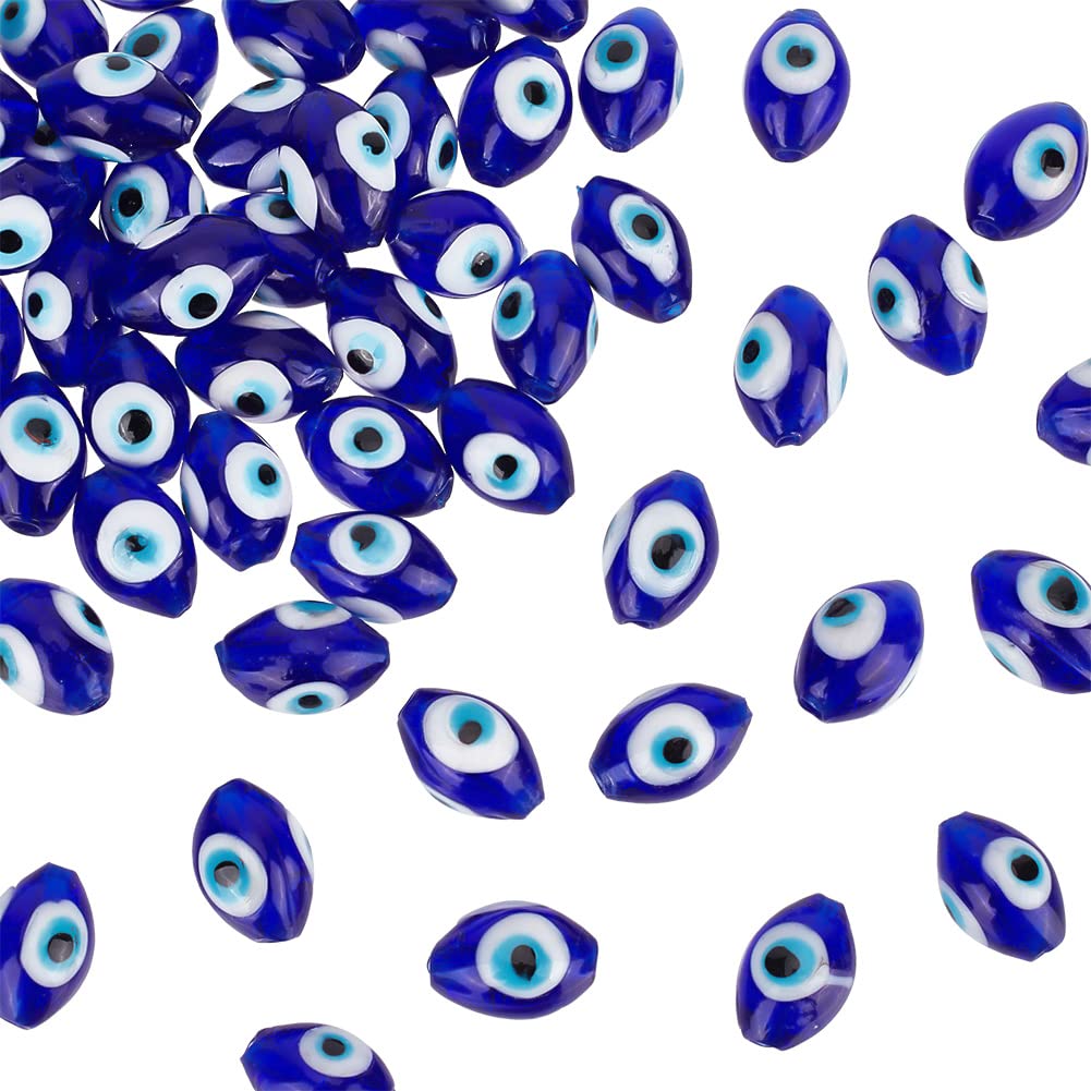 NBEADS 50 Pcs Lampwork Evil Eye Beads, 11mm Real Glass Turkish Beads Oval with Evil Eye Spacer Beads Blue Handmade Lampwork Evil Eye Beads for DIY Bracelets Necklace Jewelry Making