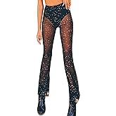 Rave Outfit for Women Outfit Festival Dance Clubwear Bell Bottom Mesh Sheer Pants