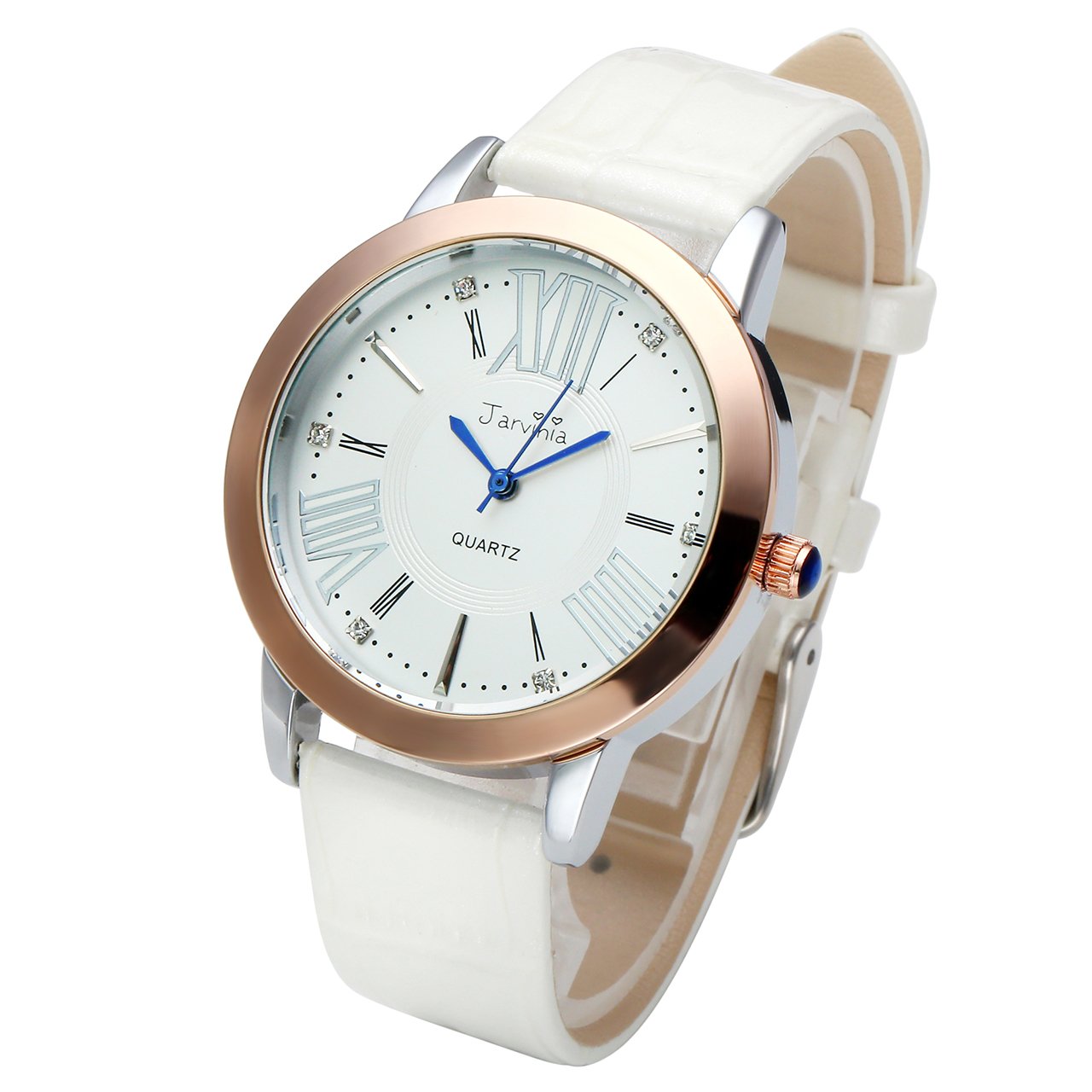 JSDDE Uhren,Elegant Frauen Armbanduhr Strass R?misch Ziffern Damenuhr Echtleder Armband Analog Qaurzuhr J565M,Weiss