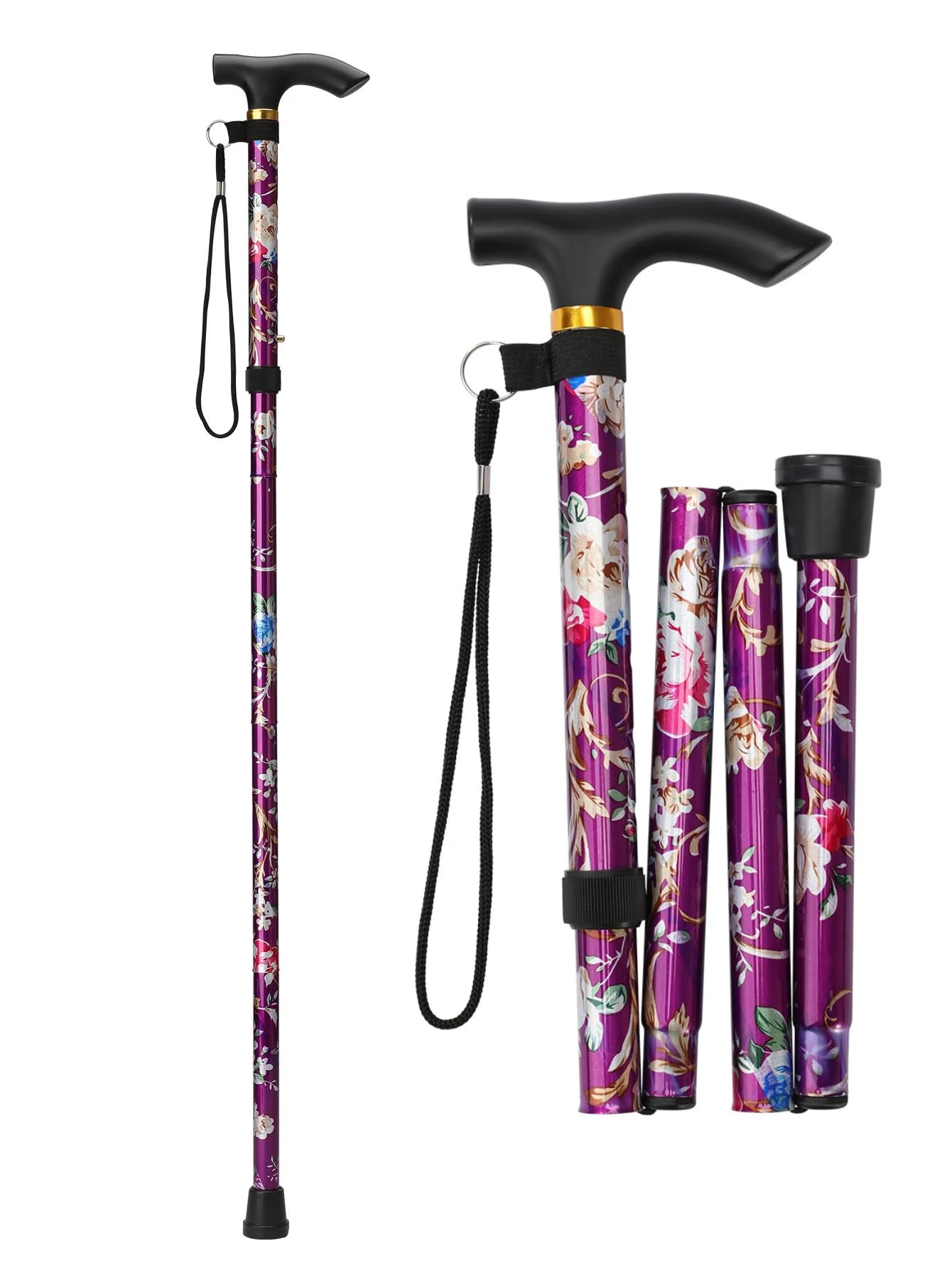 Foldable Walking Stick for Seniors & Adults, Adjustable & Lightweight Mobility Aid with Soft Ergonomic Handle for Men and Women, Collapsible Cane for Travel and Elderly Support (Purple Floral)