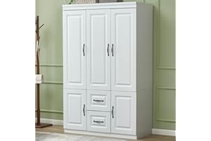 VivaVista White Armoire Wardrobe Closet with 3 Doors Wooden Bedroom Armoires Clothes, Wood Wardrobe Closets Storage Cabinet with Hanging Rod Shelves Drawers with Wardrobe Closets Armoire
