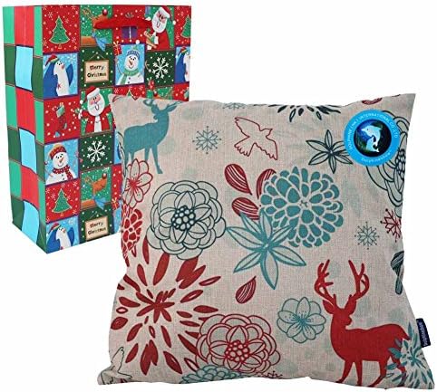 DolphineShow Square Pillow Cover for Merry Christmas Decorations Decor Deer Pattern Cotton Linen Sofa Throw Cases Cushion 18x18 Inches with Gift Bag