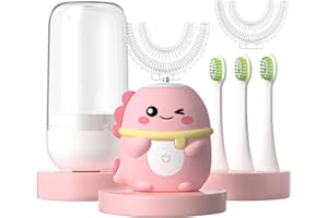 JIANLEJIA Kids Electric Toothbrush U Shaped Toddler Auto Sonic Toothbrushes with 5 Brush Head,Cartoon Dinosaur Ultrasonic Toothbrushes for Children 2-12 Years,360° Full Mouth Cleaning Automatic
