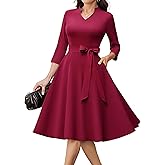 HomRain Elegant Long Sleeve Church Dress for Women V-Neck A-Line Swing Cocktail Causal Dress with Pockets