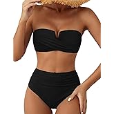 Hilor Bandeau Two Piece Bathing Suits for Women with Strap Retro High Waisted Swimsuits Sexy Push Up Bikini Swimwear